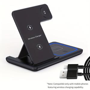 TEMU For iPhone 15, 14, 13, 12, 11/Pro/Max/Mini/Plus 및 Apple Watch 1-9용 3-in-1 접이식 무선 충전 - 자기 USB 충전 베이스 LED , 블랙, for iPhone 충전 | 모던 충전 | 슬림 충전 패드