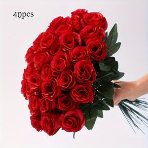 TEMU 40개의 인공 빨간 - 꽃 장식, 현실적인 직물 꽃, 결혼식 DIY, 데이, 기념일, 휴일 장식, 사무실 및 가정 장식에 적합 - 내구성이 뛰어나며 유지 보수가 필요하지 않습니다. 바구니는 포함되지 않습니다.