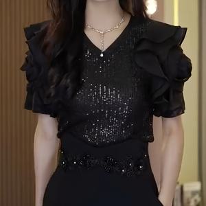 TEMU 여성용 우아한 시퀸 소매 프렌치 쉬크 티셔츠 - 여름 루즈핏 H라인 탑, 반팔, 캐주얼부터 포멀까지 다재다능한 이브닝룩, 화려한 스타일, 반짝이는 원단, 풀오버 블라우스, 트렌디한 여성복