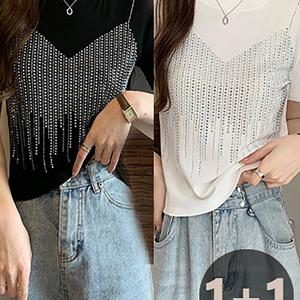 TEMU 여성 여름 반팔 티셔츠 빤짝이 스팽글 슬림핏 캐주얼 반소매 상의 2종세트 데일리 1+1 패션 포인트 반팔 티셔츠 캐주얼 스판 라운드넥 티셔츠 단체복 여름 크롭 상의