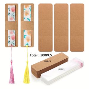 TEMU 200개 크라프트 종이 북마크 클립 세트 투명 자체 접착 백, DIY 빈 북마크 디스플레이 카드 커버, 패션 우드 쥬얼리 만들기 도구