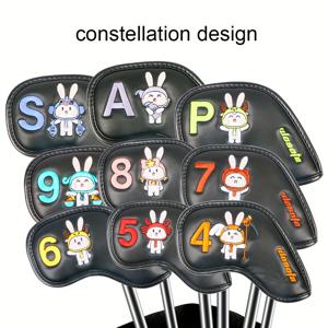 TEMU 9개의 골프 아이언 캡 세트, 클럽 보호 커버, 토끼 모양의 별자리 디자인, 고급 PU 클럽 헤드 보호 커버, 방수 및 내마모성, 신선한 색상 매칭, 각 클럽 커버에는 다른 별자리 모양이 있습니다, 또한 클럽 헤드에 긁힘을 방지하기 위해 벨벳 안감이 있습니다.