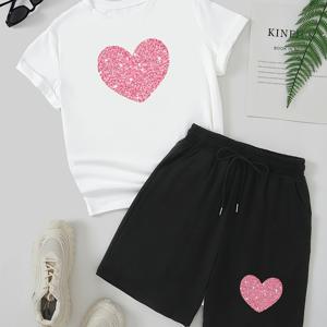 TEMU 여성용 여름 캐주얼 스포츠웨어 세트, 반팔 티셔츠 & 반바지, 반짝이는 하트 프린트, 쿨 트렌디 패션, 크루넥, 2피스 아웃핏