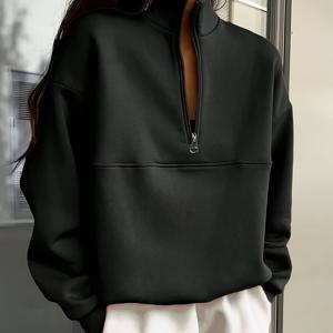TEMU 여성용 캐주얼 스포티 하프지퍼 후드 - 솔리드 블랙 스탠드 칼라 긴팔 풀오버, 가을 겨울 스웨트셔츠, 세탁기 사용 가능