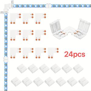 TEMU 10개 L형 2핀 LED 커넥터, 13개 클립 포함 - 3528/5050 SMD/COB LED 스트립용 8mm 오른쪽 각도 솔더리스 어댑터, 폴리쉬드 플라스틱, 배터리 필요 없음, LED 조명 설정 업그레이드, 조명 장식, 액세서리