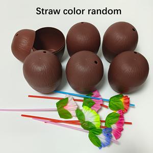 TEMU 6개 하와이 테마 코코넛 컵 스트로우 - 대용량, 재사용 가능한 플라스틱 파티 컵 해변, 여름, 야외 축제, 식품 안전 디자인, 해변 음료 용기 | 열대 음료 용기 | 내구성 있는 플라스틱 컵, 해변 액세서리