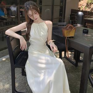 TEMU 여성용 우아한 홀터넥 오프숄더 드레스 - 가벼운 레이스 트림 긴 소매 없는 비치드레스, 조절 가능한 허리 끈이 있는 바닥 길이 여름 휴가 및 저녁 행사용 솔리드 컬러, 플로우 스커트 디자인