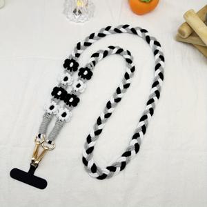 TEMU 120cm 데이지 꽃 전화 끈 - 블랙 & 화이트 플로랄 디자인 조절 가능한 크로스바디 넥 스트랩, 스마트폰/열쇠용 골든 클라스프, 스타일리시한 기능성 액세서리, 휴대폰 홀더, 장식 모바일 체인, 핸드메이드 디테일, 보호 스타일