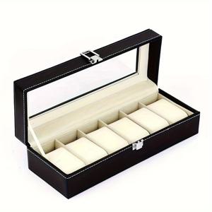 TEMU 6단 남성용 시계 보관함 - 유리 뚜껑 가죽 시계 케이스, 블랙 직사각형 수납 정리함, 안전한 잠금장치 & 스크래치 방지 디자인, 세련된 보호 안감, 시계 액세서리 정리함