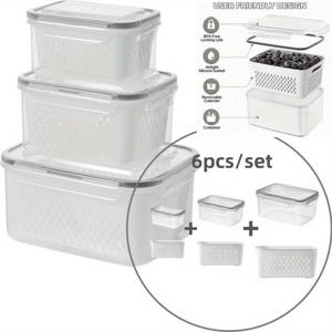 TEMU 6pcs/세트 - 방수 식품 보관 용기, 배수 바스켓 포함, 2단 밀폐 디자인으로 간편한 미리 준비 가능 - 재사용 가능한 스택형 주방 정리함 - 과일, 채소, 고기 및 곡물에 완벽