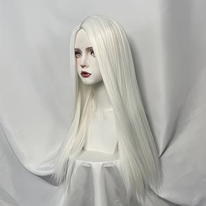 TEMU 애니메이션 코스프레 가발 60cm 화이트, 내열성 합성 모발, 롱 미들-파트 버클 넷 캡, 일상 사용, 컨벤션 및 롤플레잉 이벤트용