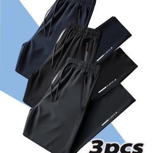 TEMU 3pcs 남성용 폴리에스테르 스포츠 트랙 팬츠, 통기성 및 빠른 건조, 정규 핏, 지퍼가 있는, 러닝, 훈련, 하이킹 및 캐주얼 착용용, 봄/여름 직조 바지