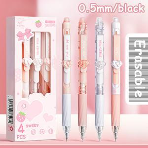 TEMU 4개 지워지는 젤 펜, 편안한 그립, 0.5mm 미세한 팁, 검정 & 파랑 잉크 - 귀여운 파스텔 디자인의 리본 & 딸기 장식, 학교, 시험, 선물용으로 완벽, 학교 문구류 | 귀여운 젤 펜 | 플라스틱 젤 펜, 쓰기용 펜