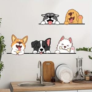 TEMU 5pcs 현대 개 벽 스티커 세트 - 재미있는 미소하는 강아지 스티커, 홈 데코용 자체 접착형 PVC 동물 프린트, 분리 가능한 광택 있는 마감, 비정형 모양, 침실, 욕실, 자동차 창 장식에 이상적