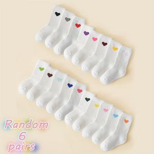 TEMU 여아용 자수 하트 패턴 양말 6켤레 세트 - 통기성 좋은 화이트 스포츠 숏양말, 캐주얼 스타일의 귀여운 일본풍 미드캘프 양말, 편안하고 다재다능한 핸드워시 전용