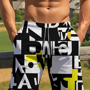 TEMU 남성용 스타일리시 기하학 프린트 드로스트링 쇼츠 - 블랙, 화이트 & 옐로우 캐주얼 애슬레틱 쇼츠 포켓 포함, 야외 활동 및 스포츠에 적합