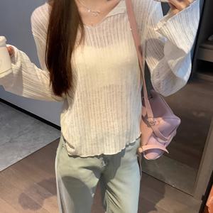 TEMU 여성용 가벼운 긴팔 티셔츠 - 캐주얼 V넥, 투명한 여름 상의, 프레이드 헴, 에어컨 및 에어컨에 적합, 여성용 티셔츠