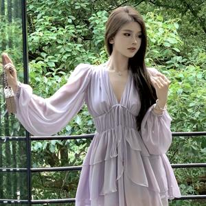 TEMU 여성용 프랑스 스타일 A라인 미니 드레스, 봄/여름에 이상적인 귀여운 여름 드레스, 레이스 소매와 플레어 헴이 있는 우아한 보라색 V넥 셔폰 드레스|쉬폰원피스