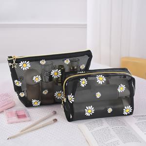 TEMU 2pcs 다이즈 프린트 메이크업 가방 세트 - 지퍼가 있는 투명 메쉬 화장품 가방, 여성 및 남성을 위한 가벼운 접이식 화장품 정리함, 노란색 액센트가 있는 검정색, 입술 파스텔, 브러시 및 더 많은 것을 위한 여행 친화적인 보관, 메이크업 여행 가방, 내구성 있는 지퍼 클로저