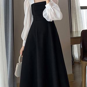 TEMU 여성 봄 롱 클래식 데일리 스퀘어넥 망사 긴팔 원피스 봄 여름 가을 데일리 캐주얼 폴리에스테르 롱 빅사이즈 블랙 원피스 우아하고 사랑스럽고 편안한 퍼프소매 원피스|빅사이즈