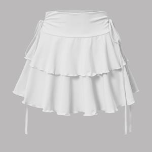 TEMU 1pc 우아한 폴리에스테르 티어드 스커트 여성용, 끈 디테일이 있는 단색 니트 원단, 봄/여름/가을용 다재다능한 하이웨이스트 미니 스커트 - 세련된 하프 스커트