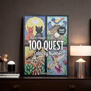 TEMU 100 QUEST 번호별 컬러링북, 성인용 색칠 활동 책, 미술 공예 용품, 그림 및 채색 도구, 사각형, 삼각형, 육각형, 원형, 검은 배경