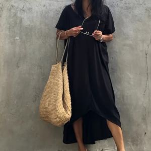 TEMU PKOTIR V넥 반팔 단색 비스코스 무무 드레스, 플러스 사이즈, 루즈핏, 박쥐 날개, 벨트 포함, 여성용