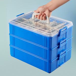 TEMU 손잡이가 있는 3단 스택형 플라스틱 보관함, 방수 플립탑 정리함, 집용 장난감 및 도구용, 블루 멀티 컴파트먼트 컨테이너 드라이버 슬롯 포함, 휴대성과 내구성이 뛰어난 디자인, 야외 수납을 위한 상자/캐비닛/랙