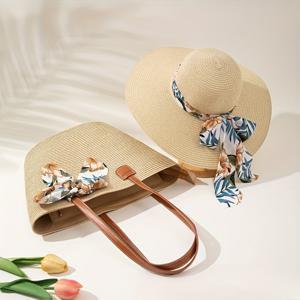 TEMU 2pcs 세트 접이식 통기성 실 마스크 선 모자와 대용량 토트 백, 여성용 캐주얼 럭셔리 와이드 브림 모자 블랙 리본 보와 함께, 스타일리시한 숄더 백 지퍼 클로저, 통근, 야외, 여행, 비치 휴가에 완벽
