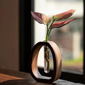 TEMU 1pc 우아한 Walnut Wood Vase - 유리 튜브가 있는 현대적인 디자인 | 아름다운 선물 아이디어 | 독특한 유리 튜브 아트워크가 있는 다용도 페데스트랄 플랜터, Vases 홈 데코