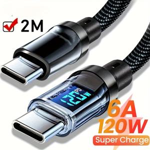 TEMU 2M/78.74인치 USB C to USB Type C 케이블 240W 6A 빠른 충전 케이블 LED 디스플레이 나일론 브레이드 데이터 코드 for samsung/For Iphone Typec Full Series