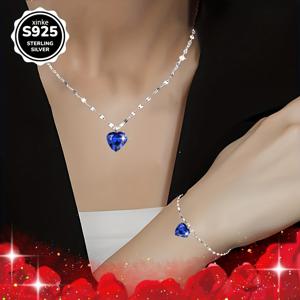 TEMU 2개 세트 우아한 925 스털링 실버 입술 모양 및 블루 합성 지르코니아 하트 펜던트 목걸이 팔찌, 발렌타인데이와 어머니날을 위한 이상적인 선물, 사계절 주얼리 선택