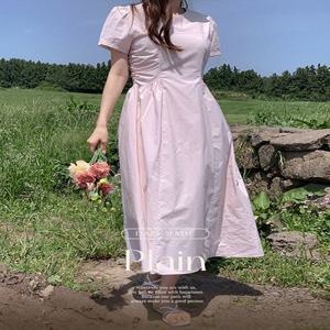 [단독] [휴양지원피스/숏버전추가❤/Dali made] 플레인 라운드 웨이스트 셔링 핀턱 라인 퍼프 A라인 플레어 반팔 롱 원피스
