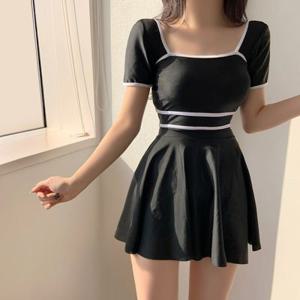 (당일출고) 프렌치 반팔 모노키니 + 스커트 세트 수영복 비키니 2PCS 심플 3가지사이즈 66 77사이즈 빅사이즈 플러스