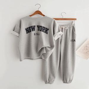 [데일리SET] NEW YORK 프린트 반팔티셔츠 오버핏반팔 밴딩팬츠 조거팬츠 조거바지 트레이닝세트 반팔세트 조거세트 츄리닝세트 이지웨어세트 여름트레이닝복 운동복세트 공항룩