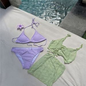 고퀄 [브라탑+팬티+커버업 가디건+스커트] 4pcs 파스텔 배색 레이스 비키니 호캉스 휴양지룩 리조트 워터파크 유교걸 수영복 세트 래쉬가드 홀터 리본 모노키니