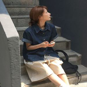 [무료배송] 쿠린 롤업 반팔 데님 셔츠