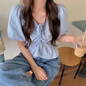 [~4XL] 빅사이즈 리본 셔링 블라우스 쉬폰 퍼프소매 프릴 [3color]
