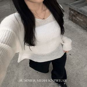 [당일출고????군살커버/수영복커버가능!]오버핏 브이넥 얇은그물망 시스루니트[긴소매 기본긴팔티셔츠 여름옷 오프숄더 루즈박스티 크롭 빅사이즈 Y2K빈티지 롱슬리브 살안타템 제주도]330