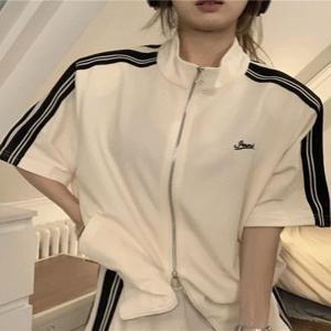 SET 트레이닝 세트 캐주얼 루즈핏 박스 반팔 집업 + 밴딩 쇼츠 편안한 빅사이즈 홈웨어 가벼운 사이드 스트라이프 세로줄 투피스 힙스터 스트릿 캠퍼스룩