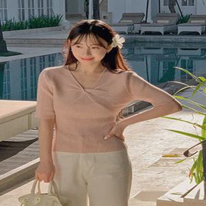 [무료배송][청순슬림핏/꼬임포인트] [44-120] 센로벨 골지 브이넥 꼬임 반팔 니트(여름/신상/데일리룩/데이트룩/여행룩/빅사이즈/하객룩/출근룩/오피스룩/데이트룩/페미닌룩/자체제작/골지/썸머니트/신축성)