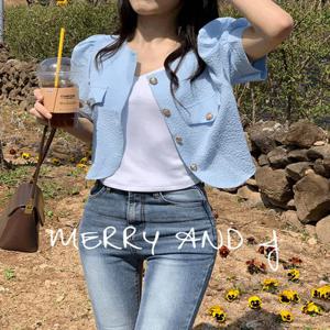 퍼프 소매 데일리 세미 크롭 라운드넥 반팔 셔츠 블라우스[반팔블라우스 여름블라우스 퍼프블라우스 하객룩블라우스 검정블라우스 크롭블라우스 퍼프블라우스반팔 블랙블라우스 셔츠블라우스]