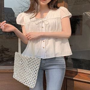 [여름블라우스] #MADE [tbs0469] 델랑 퍼프 반팔 블라우스(퍼프블라우스,여름블라우스,플레어블라우스,셔링블라우스,스트랩블라우스,어나더트위)