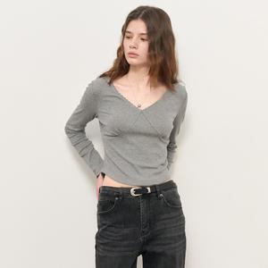 WOMAN 레이스 리브드 브이넥 티셔츠 [MELANGE GREY] / WBE2L01524