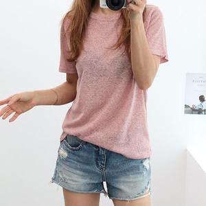 여성 띵똥 린넨 라운드 반팔 티 여름 핑크색 무지 얇은 티셔츠