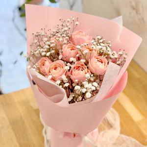 [화이트데이 사전예약]미니장미 + 안개꽃 생화 꽃다발 포장