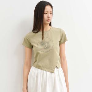 WOMAN 언밸런스 실켓 스판 아트웍 반팔티 [LIGHT KHAKI] / WBE2L01540