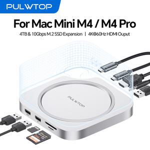 PULWTOP Mac Mini M4 허브 스탠드 4K60Hz USB 2.0 USB C 도크 마운트 M.2 SSD 인클로저SSD는 포함되지 않음