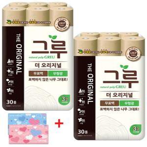그루 오리지날 무표백 천연펄프 100% 화장지 3겹 30m 30롤 2팩 + 여행용티슈 40매 2팩
