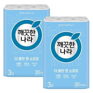 [깨끗한나라] 더 클린앤소프트 3겹 더블쿠션엠보 30m 30롤x2팩